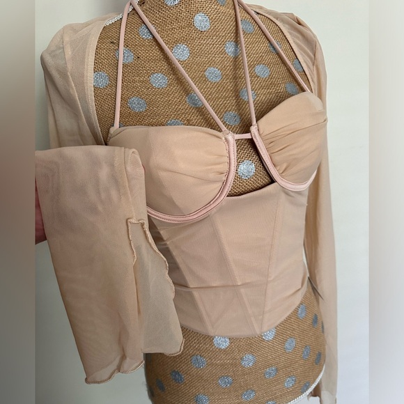 PARTHEA Tie Back Split Cuff Ruched Mesh Corset Top Khaki - Picture 6 of 10